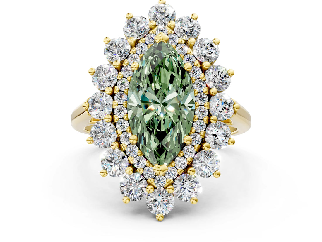 Yellow gold Fancy Green Marquise Cut Halo Cluster Diamond Ring with Pave Band and Four-Prong Setting_12
