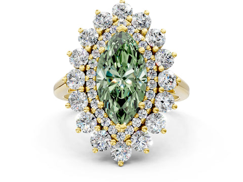 Yellow gold Fancy Green Marquise Cut Halo Cluster Diamond Ring with Pave Band and Four-Prong Setting_12