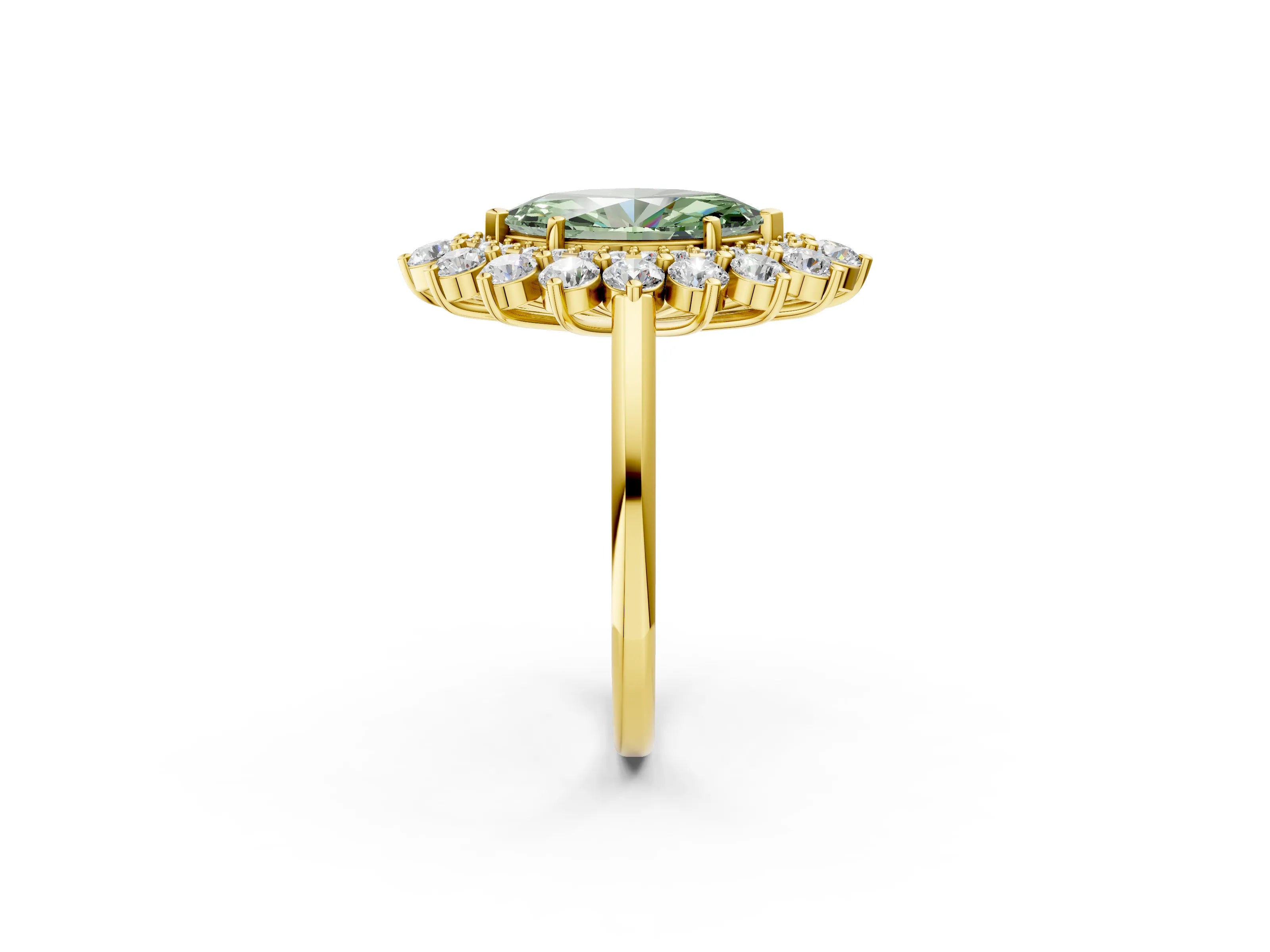 Yellow gold Fancy Green Marquise Cut Halo Cluster Diamond Ring with Pave Band and Four-Prong Setting_14
