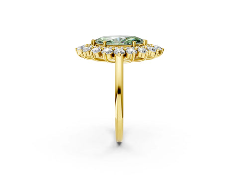 Yellow gold Fancy Green Marquise Cut Halo Cluster Diamond Ring with Pave Band and Four-Prong Setting_14