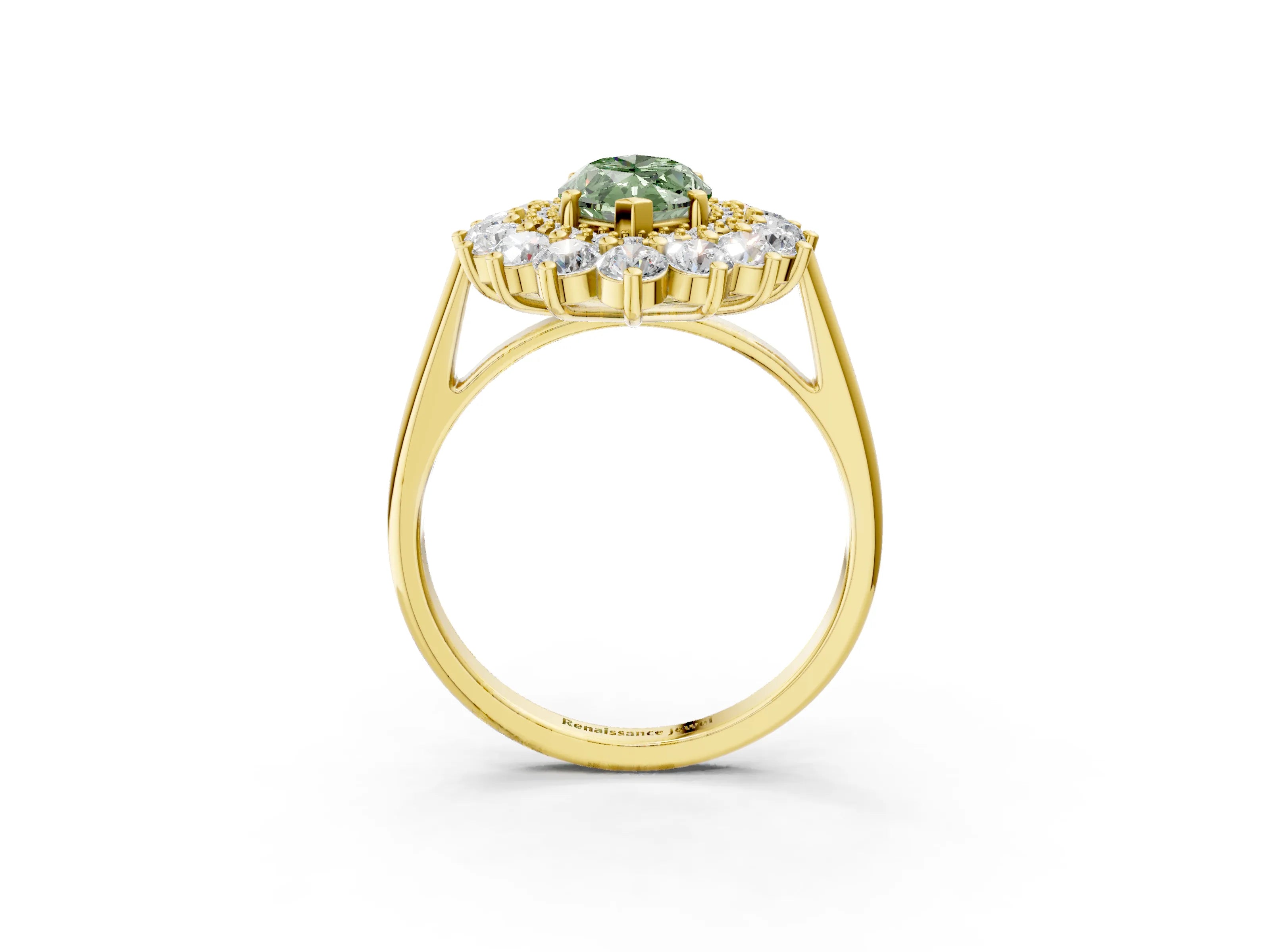 Yellow gold Fancy Green Marquise Cut Halo Cluster Diamond Ring with Pave Band and Four-Prong Setting_15