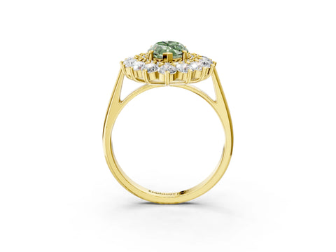 Yellow gold Fancy Green Marquise Cut Halo Cluster Diamond Ring with Pave Band and Four-Prong Setting_15