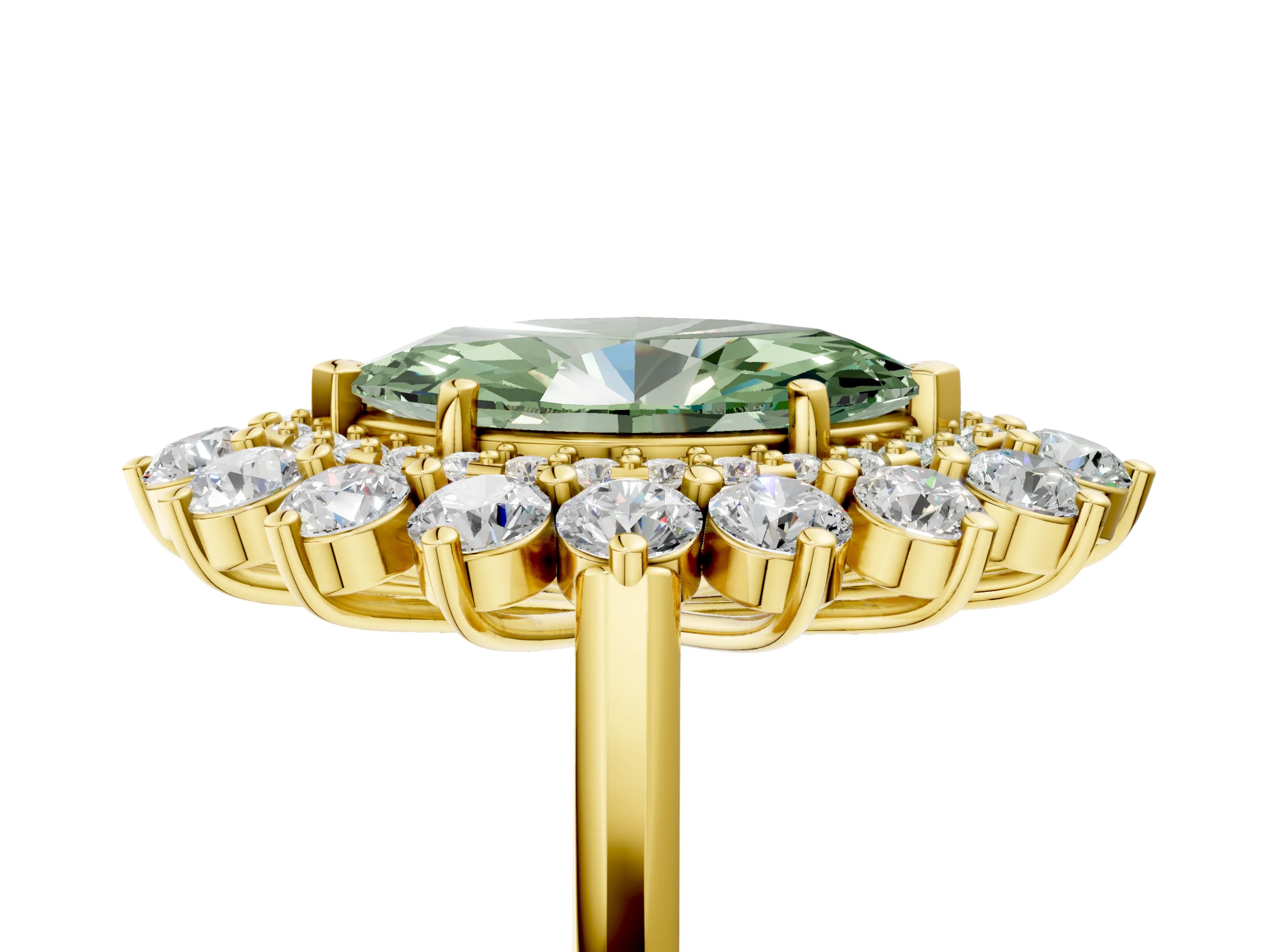 Yellow gold Fancy Green Marquise Cut Halo Cluster Diamond Ring with Pave Band and Four-Prong Setting_17