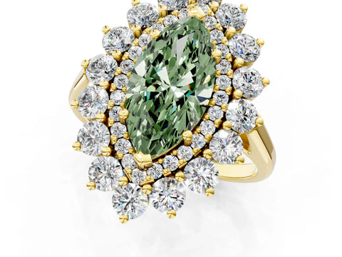 Yellow gold Fancy Green Marquise Cut Halo Cluster Diamond Ring with Pave Band and Four-Prong Setting_1