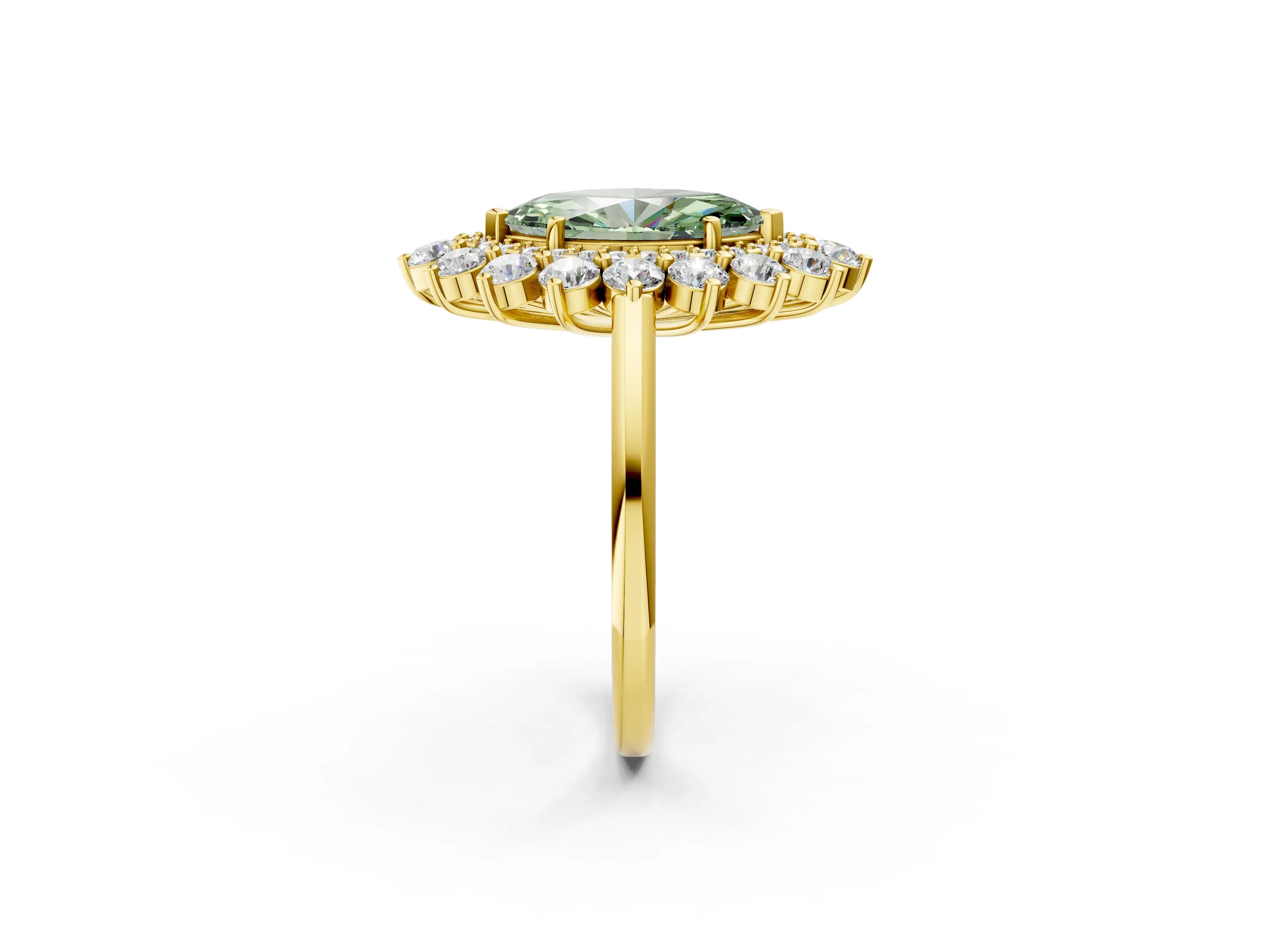 Yellow gold Fancy Green Marquise Cut Halo Cluster Diamond Ring with Pave Band and Four-Prong Setting_2