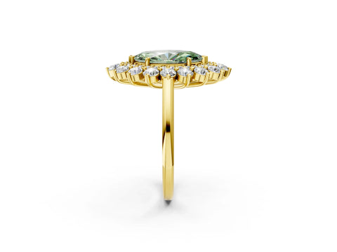 Yellow gold Fancy Green Marquise Cut Halo Cluster Diamond Ring with Pave Band and Four-Prong Setting_2