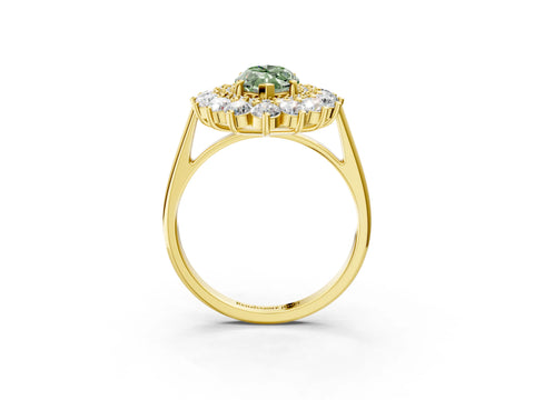 Yellow gold Fancy Green Marquise Cut Halo Cluster Diamond Ring with Pave Band and Four-Prong Setting_3
