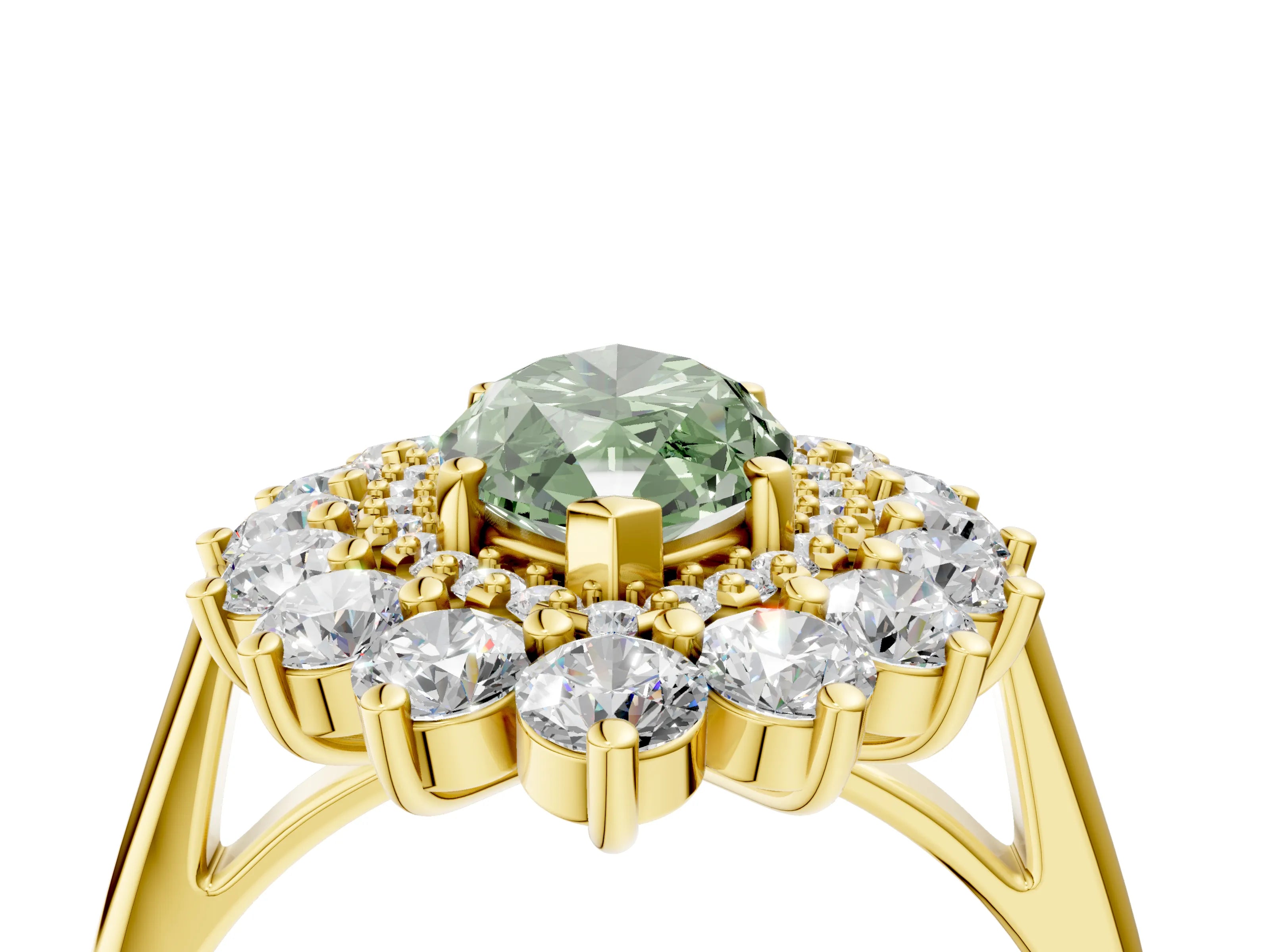 Yellow gold Fancy Green Marquise Cut Halo Cluster Diamond Ring with Pave Band and Four-Prong Setting_4
