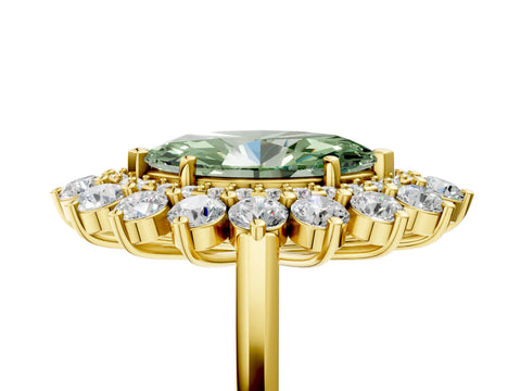 Yellow gold Fancy Green Marquise Cut Halo Cluster Diamond Ring with Pave Band and Four-Prong Setting_5