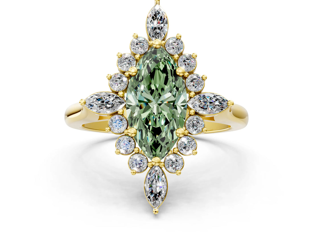 Yellow gold Fancy Green Marquise Cut Halo Diamond Cluster Ring with Marquise and Round Stones on a White Gold Band with Prong Setting