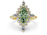 Yellow gold Fancy Green Marquise Cut Halo Diamond Cluster Ring with Marquise and Round Stones on a White Gold Band with Prong Setting