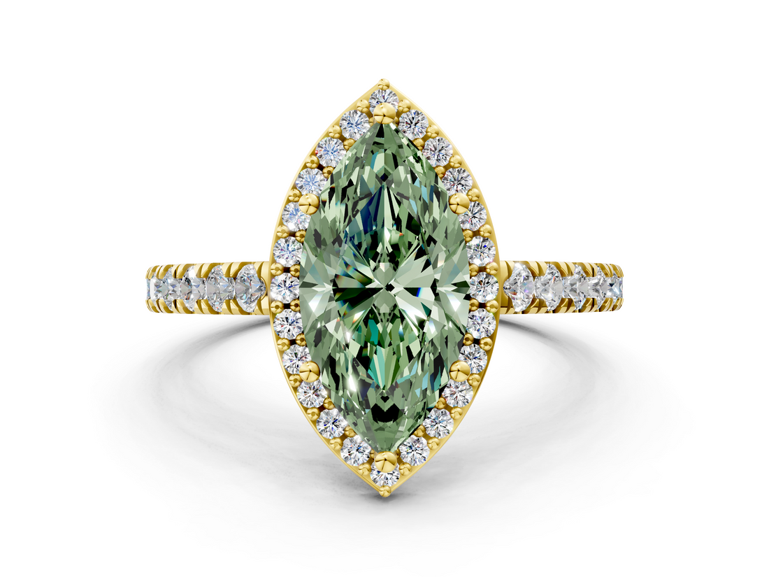 Yellow gold Fancy Green Marquise  Cut Halo Diamond Engagement Ring with Pave Band and Four-Prong Setting_44