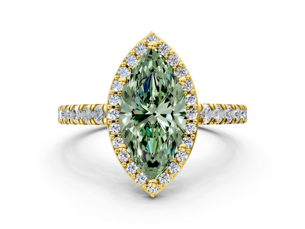 Yellow gold Fancy Green Marquise  Cut Halo Diamond Engagement Ring with Pave Band and Four-Prong Setting