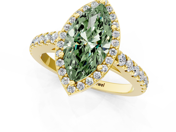 Yellow gold Fancy Green Marquise  Cut Halo Diamond Engagement Ring with Pave Band and Four-Prong Setting
