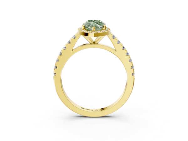 Yellow gold Fancy Green Marquise  Cut Halo Diamond Engagement Ring with Pave Band and Four-Prong Setting