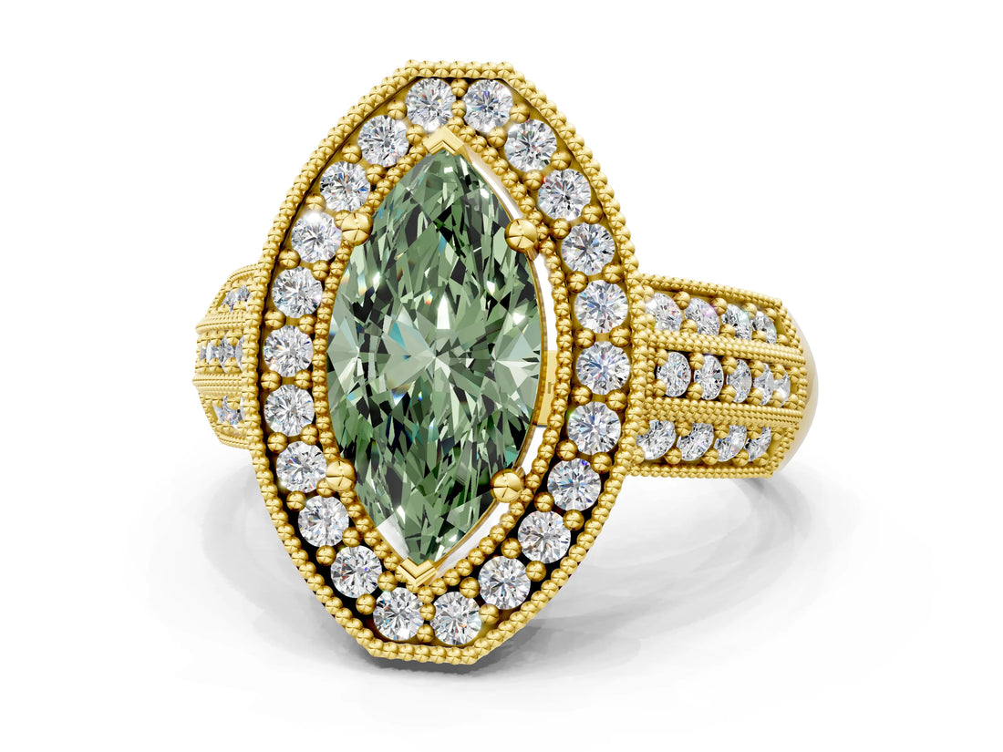 Yellow gold Fancy Green Marquise Cut Halo Diamond Engagement Ring with Pave Split Shank and Four-Prong Setting