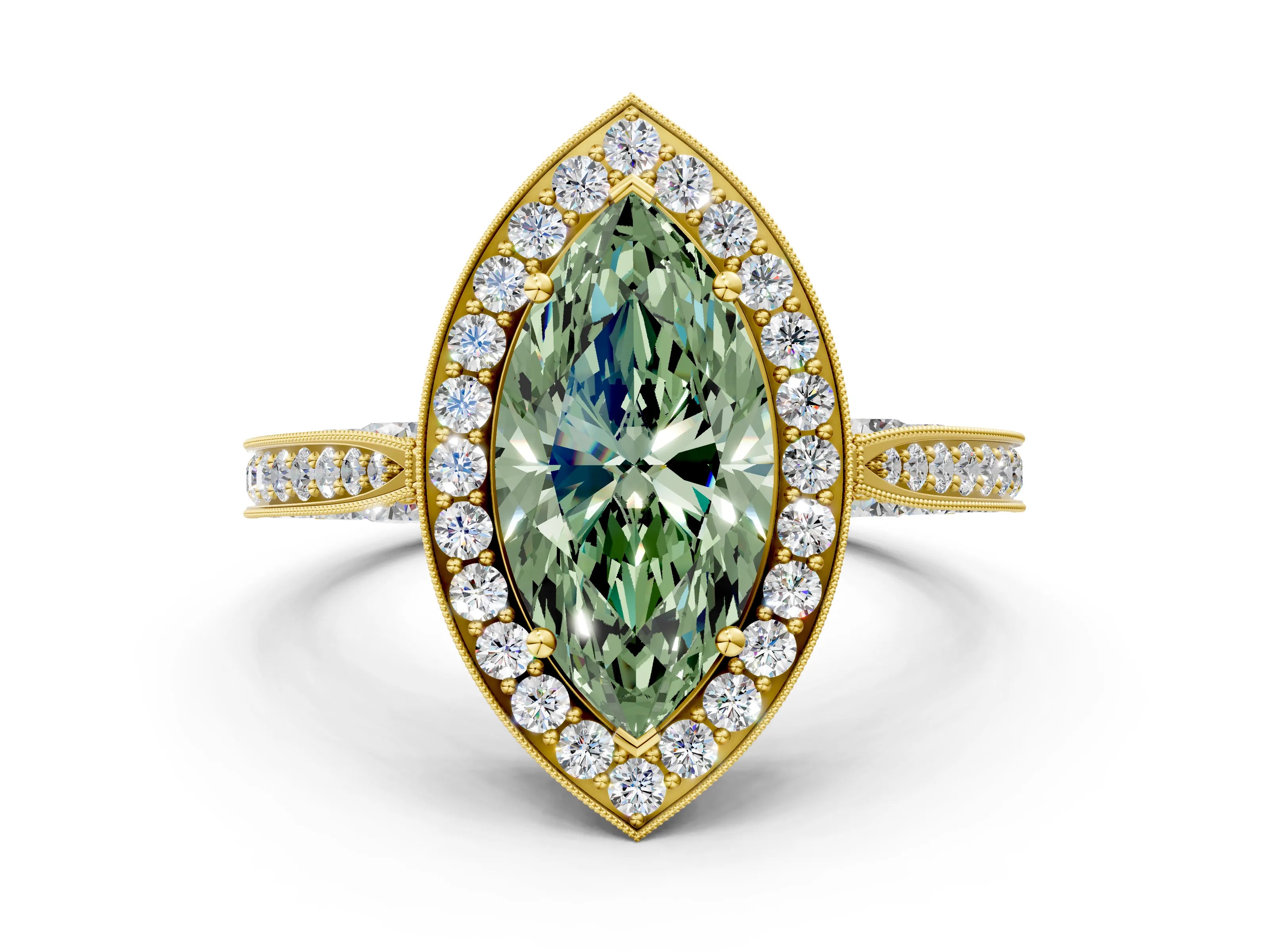 Yellow gold Fancy Green Marquise Cut Halo Diamond Engagement Ring with Split Shank Band and Four-Prong Setting