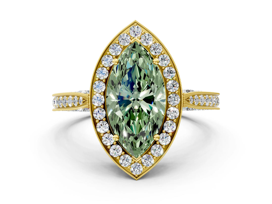 Yellow gold Fancy Green Marquise Cut Halo Diamond Engagement Ring with Split Shank Band and Four-Prong Setting