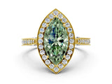 Yellow gold Fancy Green Marquise Cut Halo Diamond Engagement Ring with Split Shank Band and Four-Prong Setting