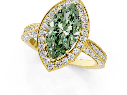 Yellow gold Fancy Green Marquise Cut Halo Diamond Engagement Ring with Split Shank Band and Four-Prong Setting_1
