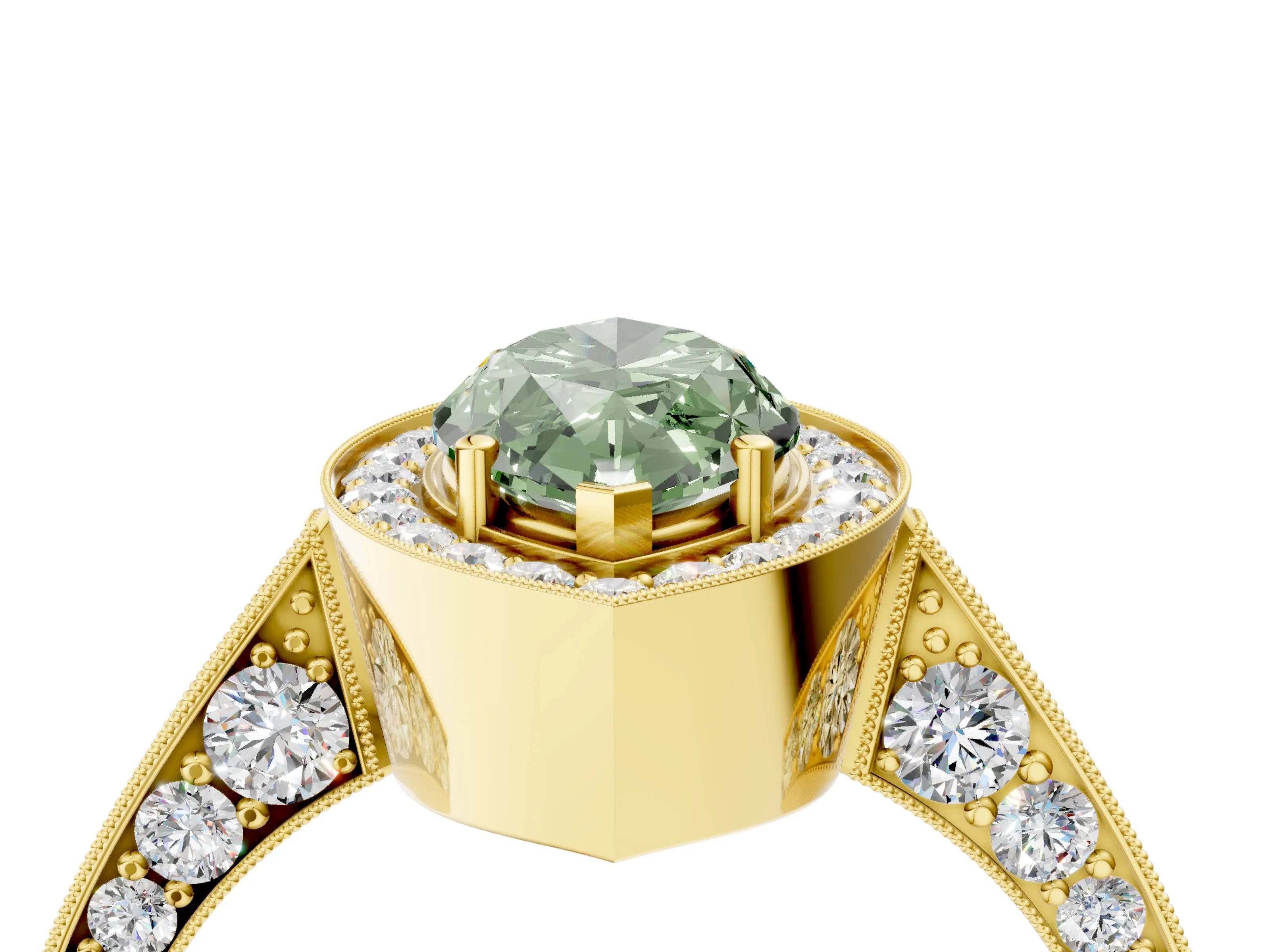 Yellow gold Fancy Green Marquise Cut Halo Diamond Engagement Ring with Split Shank Band and Four-Prong Setting_4