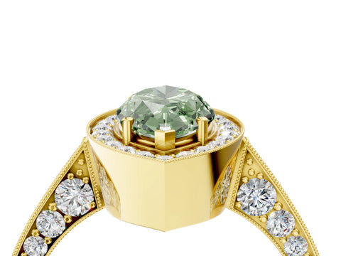Yellow gold Fancy Green Marquise Cut Halo Diamond Engagement Ring with Split Shank Band and Four-Prong Setting_4
