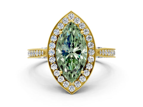 Yellow gold Fancy Green Marquise Cut Halo Diamond Engagement Ring with Split Shank Band and Four-Prong Setting