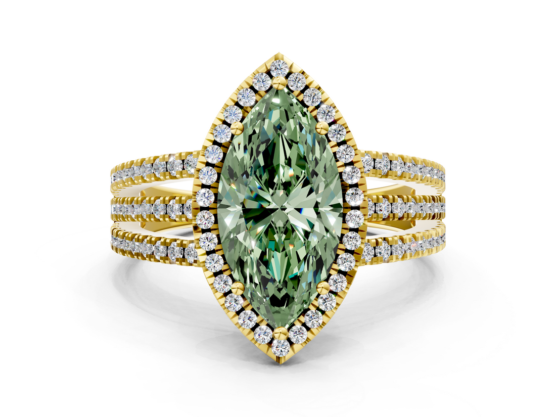 Yellow gold Fancy Green Marquise  Cut Halo Diamond Engagement Ring with Split Shank and Four-Prong Setting_37