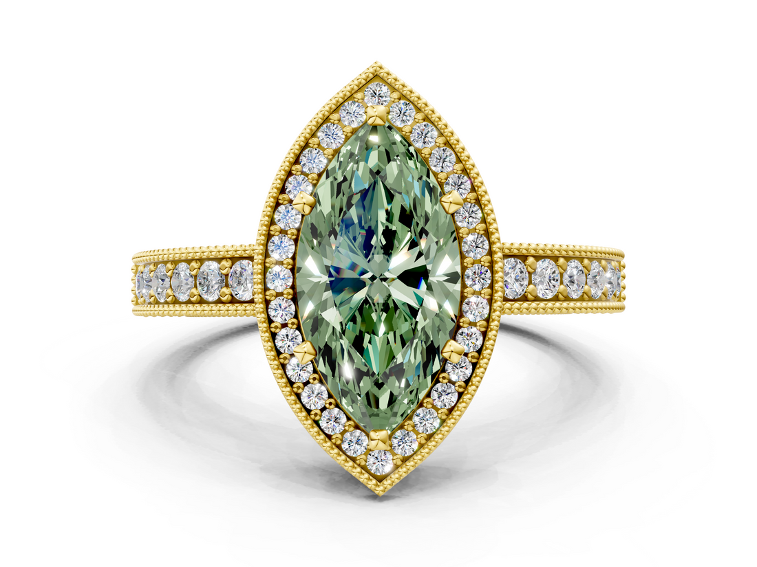 Yellow gold Fancy Green Marquise  Cut Halo Diamond Pave Band Ring with Four-Prong Setting_24