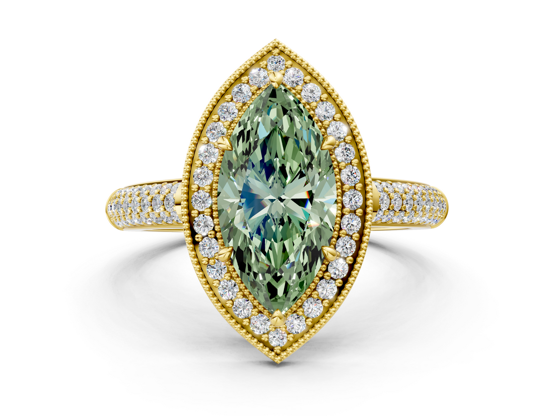 Yellow gold Fancy Green Marquise  Cut Halo Diamond Pave Band with Four-Prong Setting_53