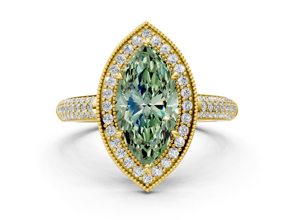 Yellow gold Fancy Green Marquise  Cut Halo Diamond Pave Band with Four-Prong Setting