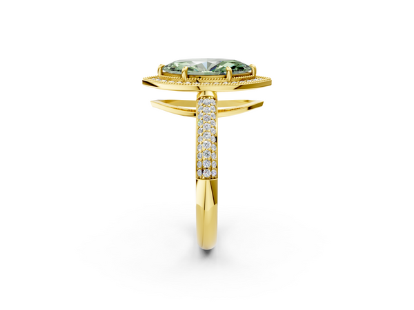 Yellow gold Fancy Green Marquise  Cut Halo Diamond Pave Band with Four-Prong Setting