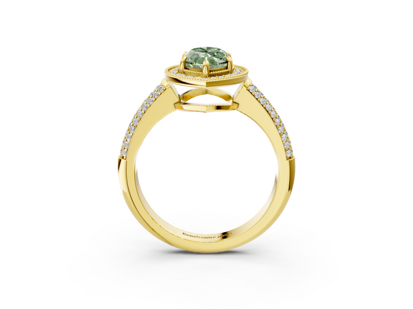 Yellow gold Fancy Green Marquise  Cut Halo Diamond Pave Band with Four-Prong Setting