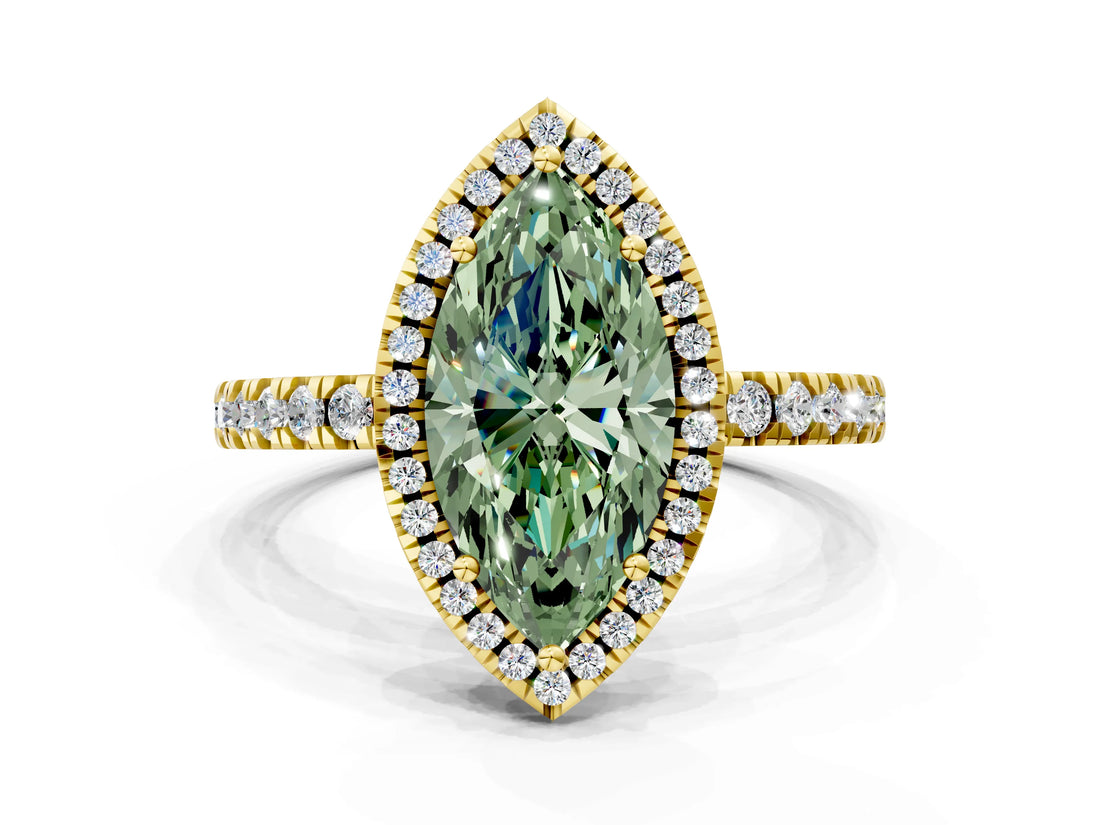 Yellow gold Fancy Green Marquise Cut Halo Diamond Pave Band with Prong Setting