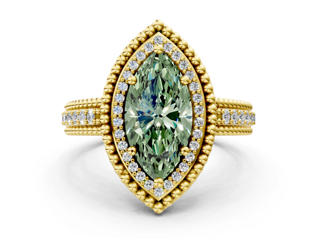 Yellow gold Fancy Green Marquise Cut Halo Diamond Ring with Beaded Split Shank and Four-Prong Setting