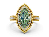 Yellow gold Fancy Green Marquise Cut Halo Diamond Ring with Beaded Split Shank and Four-Prong Setting