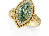 Yellow gold Fancy Green Marquise Cut Halo Diamond Ring with Beaded Split Shank and Four-Prong Setting_1