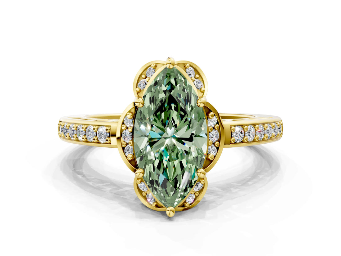 Yellow gold Fancy Green Marquise  Cut Halo Diamond Ring with Channel Set Band and Four-Prong Setting_32