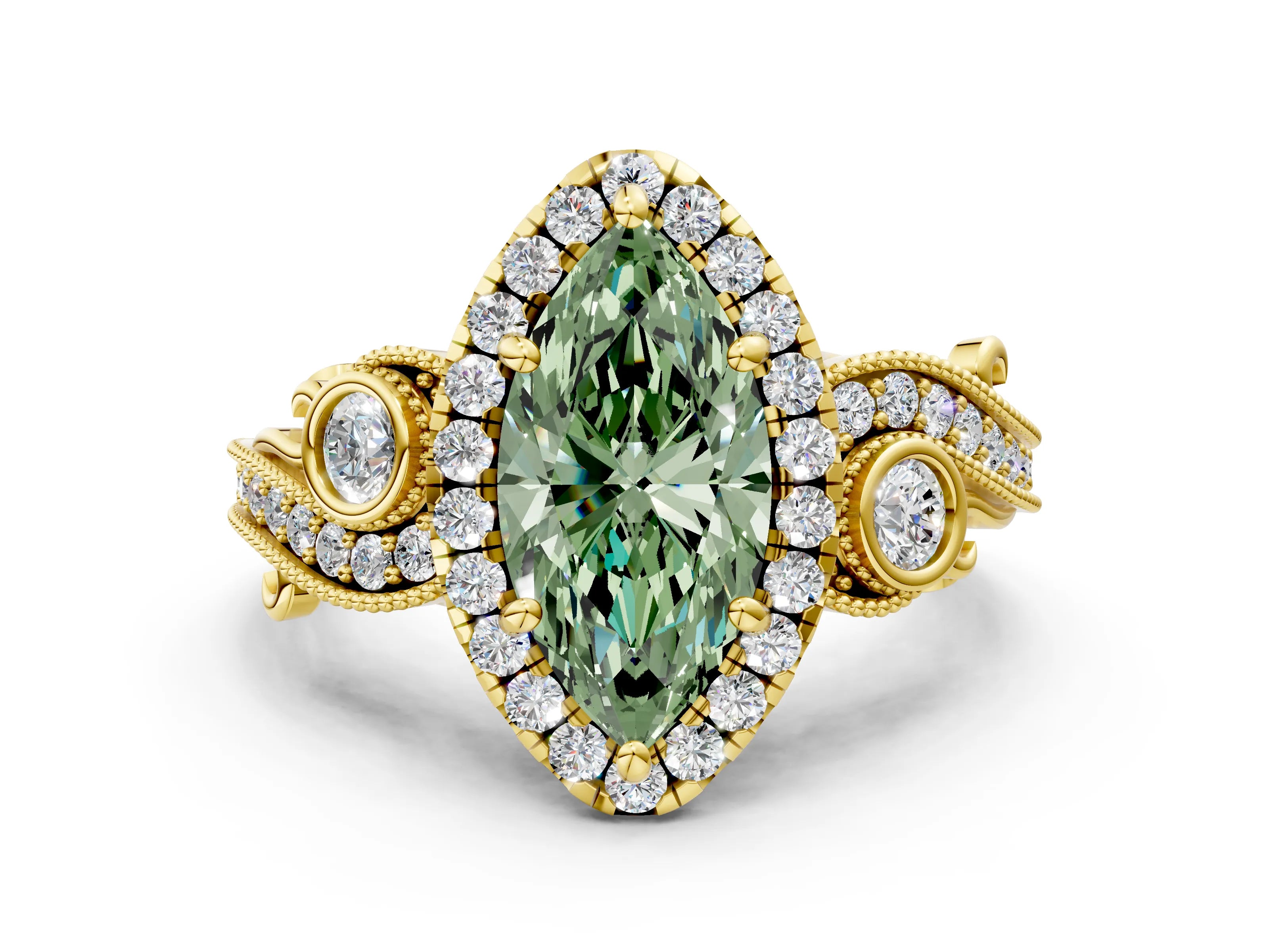 Yellow gold Fancy Green Marquise Cut Halo Diamond Ring with Milgrain and Bezel Accents on a Split Shank Band