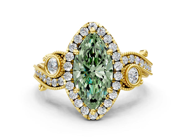 Yellow gold Fancy Green Marquise Cut Halo Diamond Ring with Milgrain and Bezel Accents on a Split Shank Band