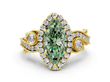Yellow gold Fancy Green Marquise Cut Halo Diamond Ring with Milgrain and Bezel Accents on a Split Shank Band_12