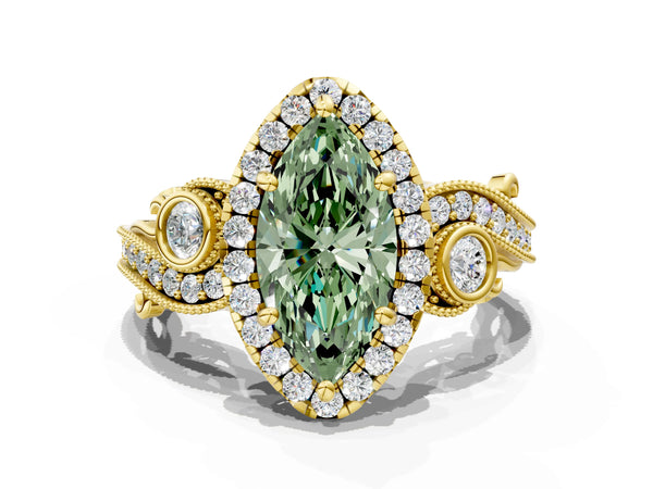 Yellow gold Fancy Green Marquise Cut Halo Diamond Ring with Milgrain and Bezel Accents on a Split Shank Band