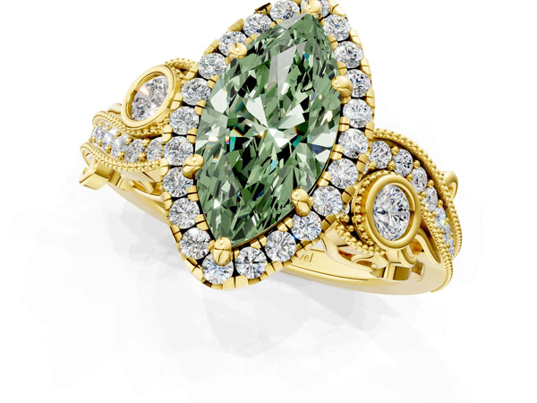 Yellow gold Fancy Green Marquise Cut Halo Diamond Ring with Milgrain and Bezel Accents on a Split Shank Band