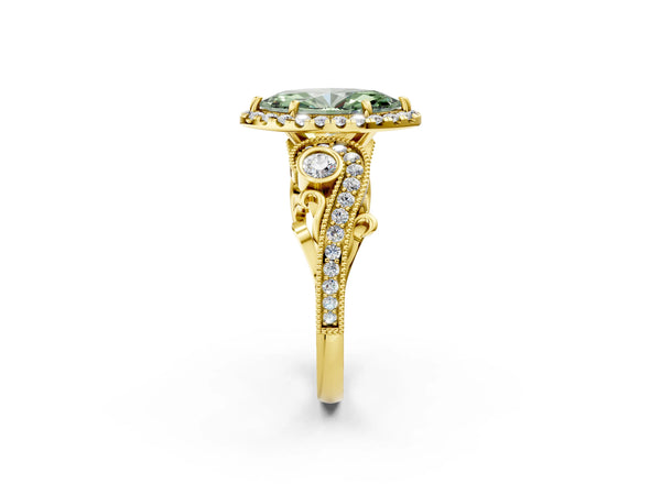 Yellow gold Fancy Green Marquise Cut Halo Diamond Ring with Milgrain and Bezel Accents on a Split Shank Band