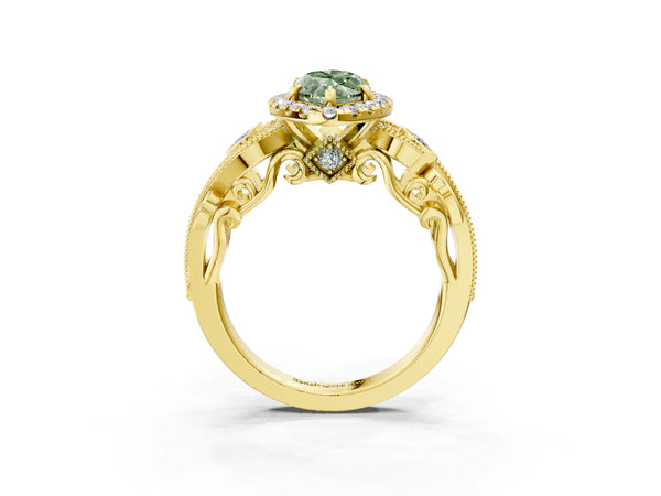 Yellow gold Fancy Green Marquise Cut Halo Diamond Ring with Milgrain and Bezel Accents on a Split Shank Band