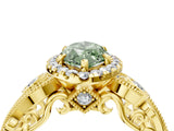 Yellow gold Fancy Green Marquise Cut Halo Diamond Ring with Milgrain and Bezel Accents on a Split Shank Band_16