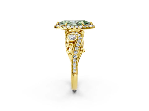 Yellow gold Fancy Green Marquise Cut Halo Diamond Ring with Milgrain and Bezel Accents on a Split Shank Band_2