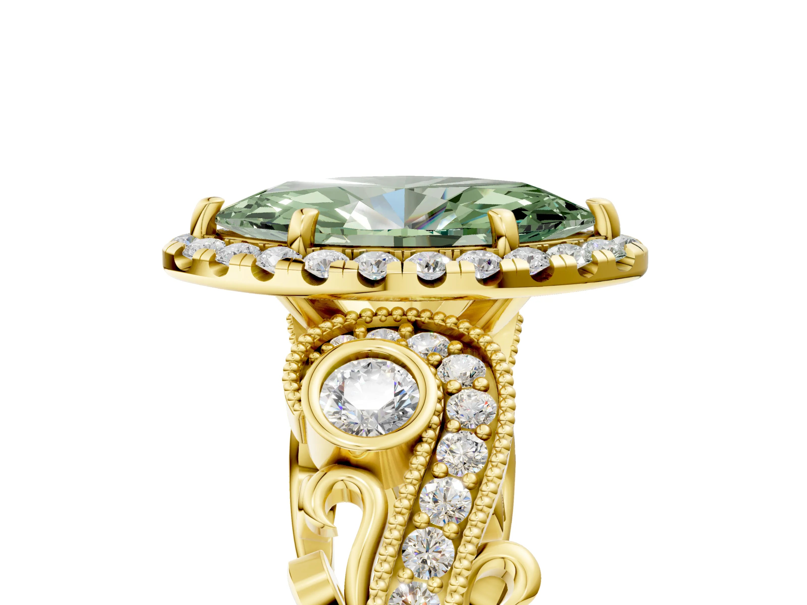 Yellow gold Fancy Green Marquise Cut Halo Diamond Ring with Milgrain and Bezel Accents on a Split Shank Band_5