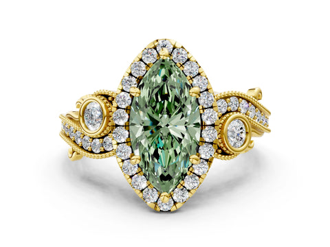 Yellow gold Fancy Green Marquise Cut Halo Diamond Ring with Milgrain and Bezel Accents on a Split Shank Band
