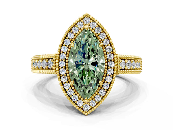 Yellow gold Fancy Green Marquise  Cut Halo Diamond Ring with Pavé Band and Four-Prong Setting